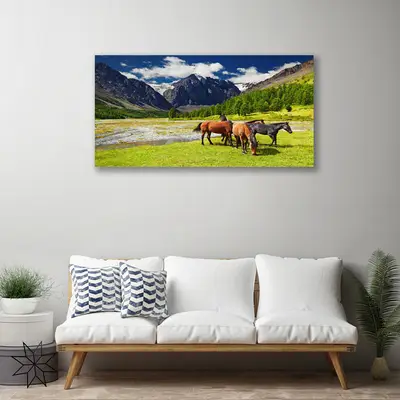 Obraz Canvas Góry Drzewa Konie Zwierzęta